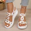 Quadratische Hohlkehle Damen Keilsandalen Unifarbene Metallverzierung Bequeme Fußgewölbeunterstützung Offene Zehenpartie Geeignet für Sommer Plateau-Sandalen, Damenschuhe