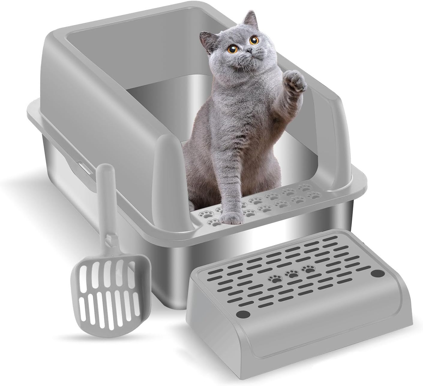 

Туалет для кошек из нержавеющей стали премиум-класса - прочная конструкция с защитой от брызг, устойчивая к запахам и чистая туалетная урна для нескольких кошек 1pcs серый