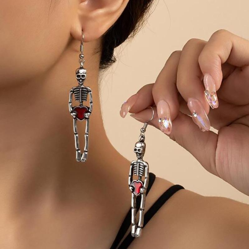 Vintage Punk Gothic Skeleton and Black Cat Dangle Earrings for Women Funny Halloween Party Jewelry Gift