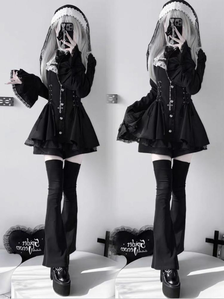 Gotické Vintage Horká Dívka Slim Patchworkové Šaty Ženy High Street Krajka Skinny Šaty s Dlouhým Rukávem Francie Sladké Bílé Oblečení Nové