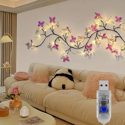 1 pz. Applique a LED a forma di ramo di farfalla, alimentata tramite USB con 8 modalità di illuminazione, luce decorativa per interni, soggiorno