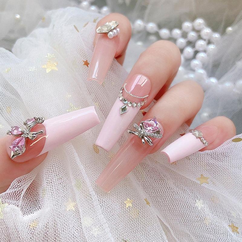 Nail Art Diamond Pink Zircon Bow Pendant Jewelry New Light Luxury Silver Butterfly Love Diamond
