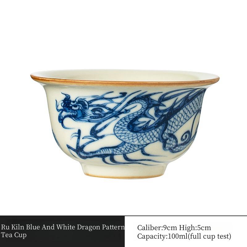 

100ml Ru Kiln Blue And White Dragon Patterned Tea Cup Ceramic Pressed Hand Cup Personal Use High-end Opening Kungfu Tea Set 200ml
