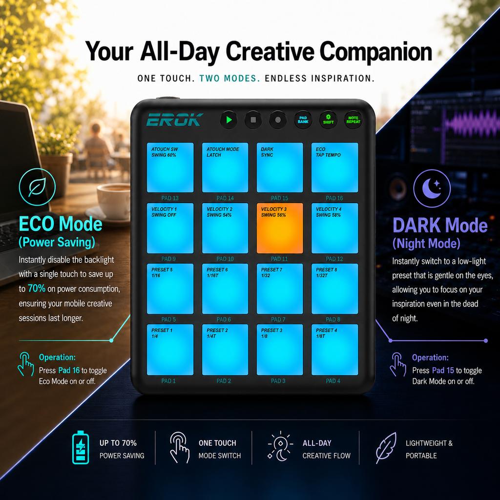 EROK PocketBeats MIDI Controller 16 RGB Pads Bluetooth Wireless Recharge Portable Beat Pad for DJ Beat Making & Music Production