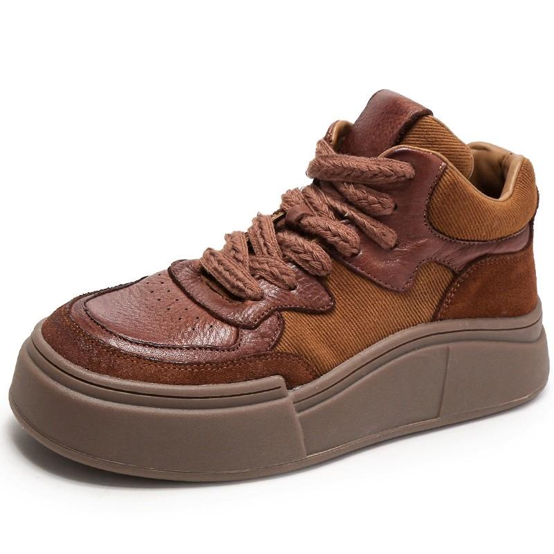 Fashion Spring Autumn Leather Thick Soled High Top Casual Shoes Women's Cowhide Retro Versatile Board Shoes Design Short Boots