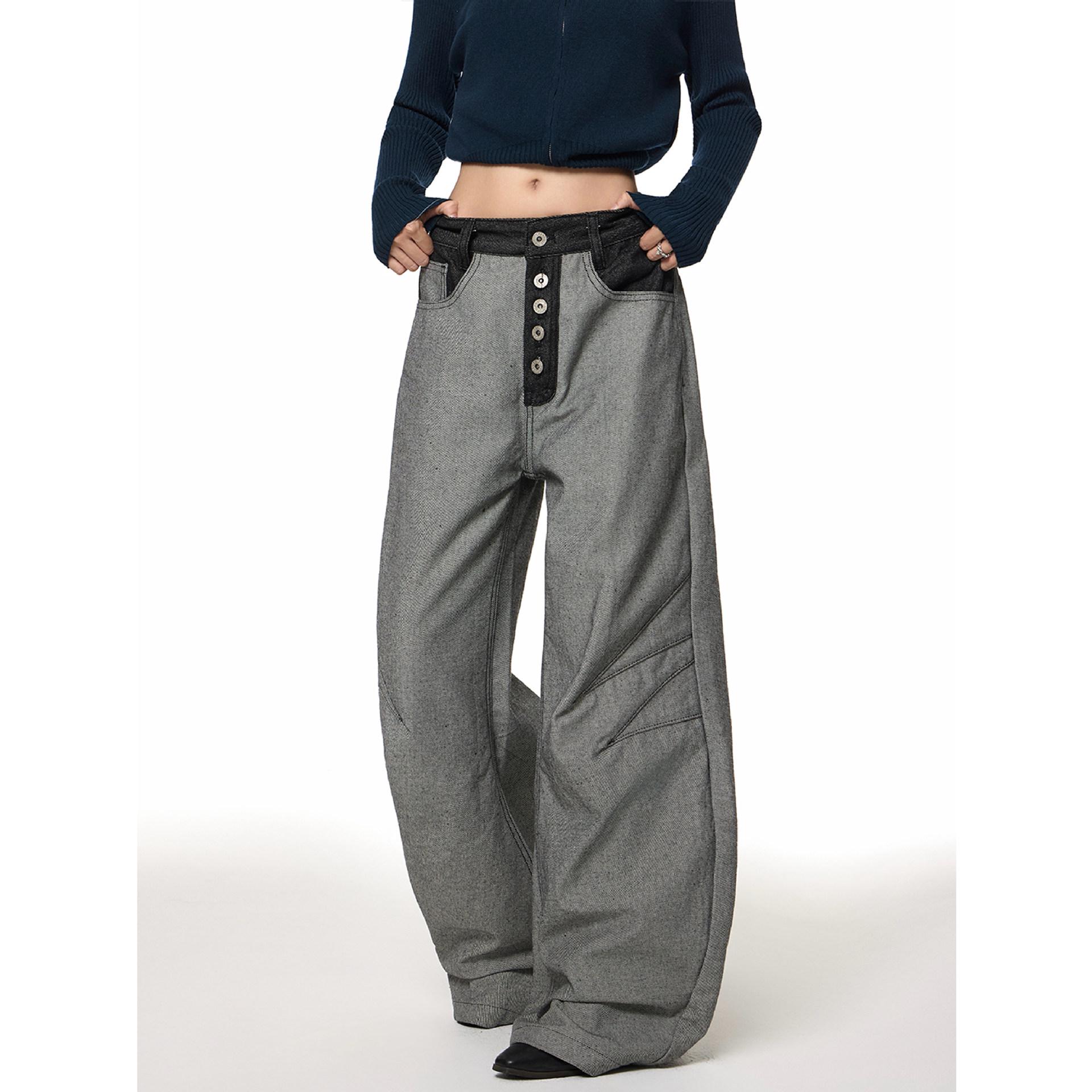 Retro Color Block Patchwork Wide-Leg Jeans S серый