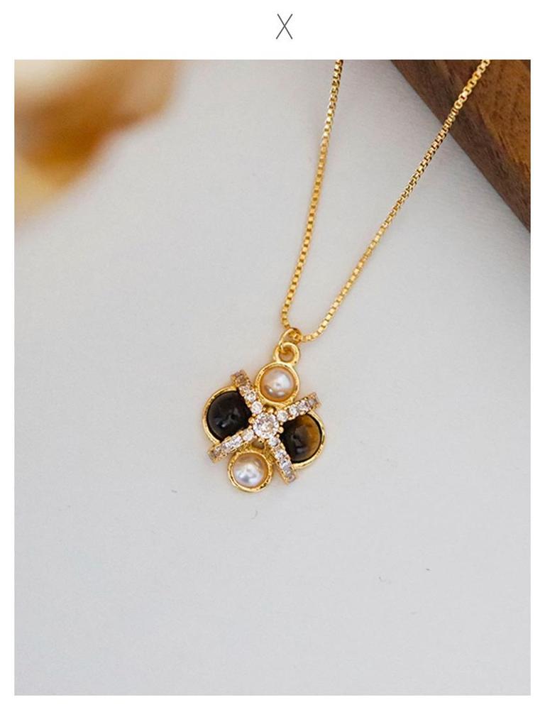 Retro Tiger Eye Shell Bead Necklace: Women's Versatile, High-End, Unique Fashion with Zircon Clavicle Chain