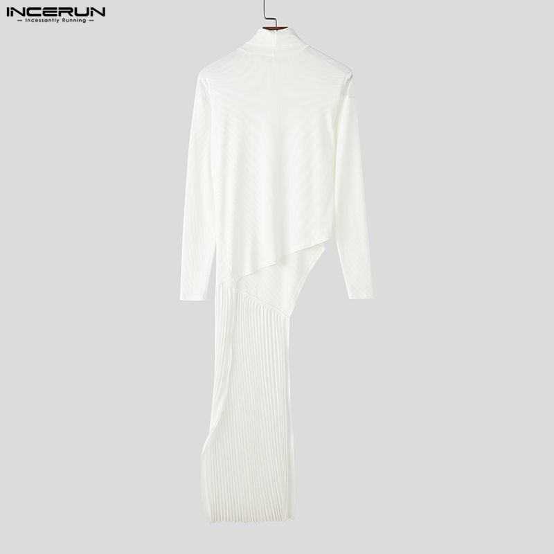 INCERUN Men Casual Turtleneck Long Sleeve Mesh Sheer Patchwork Irregular T-shirts Undershirts