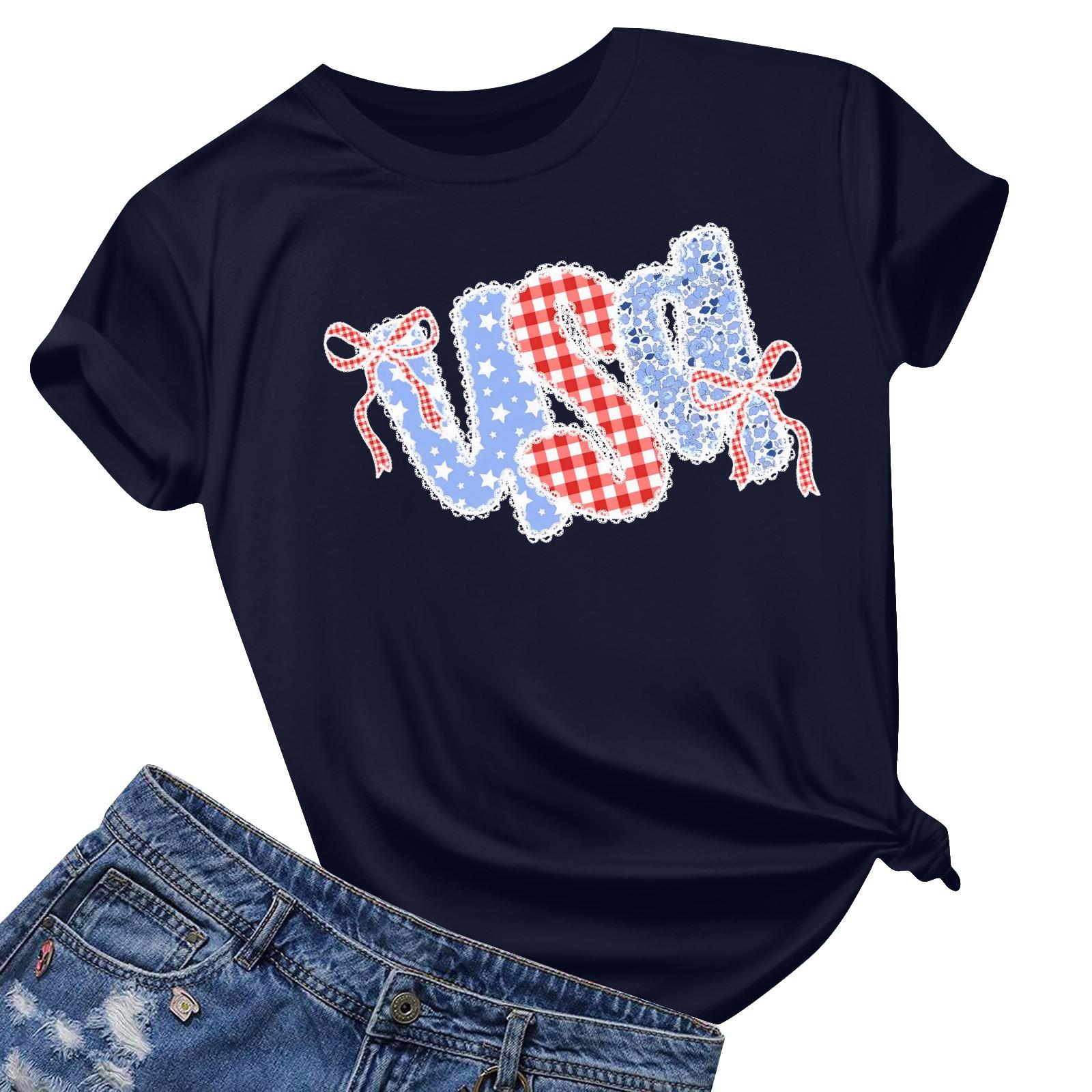 

Women s Casual Printed T-Shirt Round Neck Pullover Short Sleeve Top XL тёмно-синий