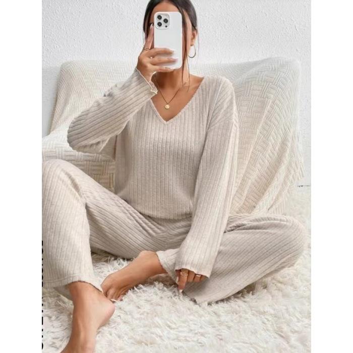 Women's Set of Loose Casual Long-sleeved V-neck Pit Striped Brushed Top and Trousers 2-piece Set