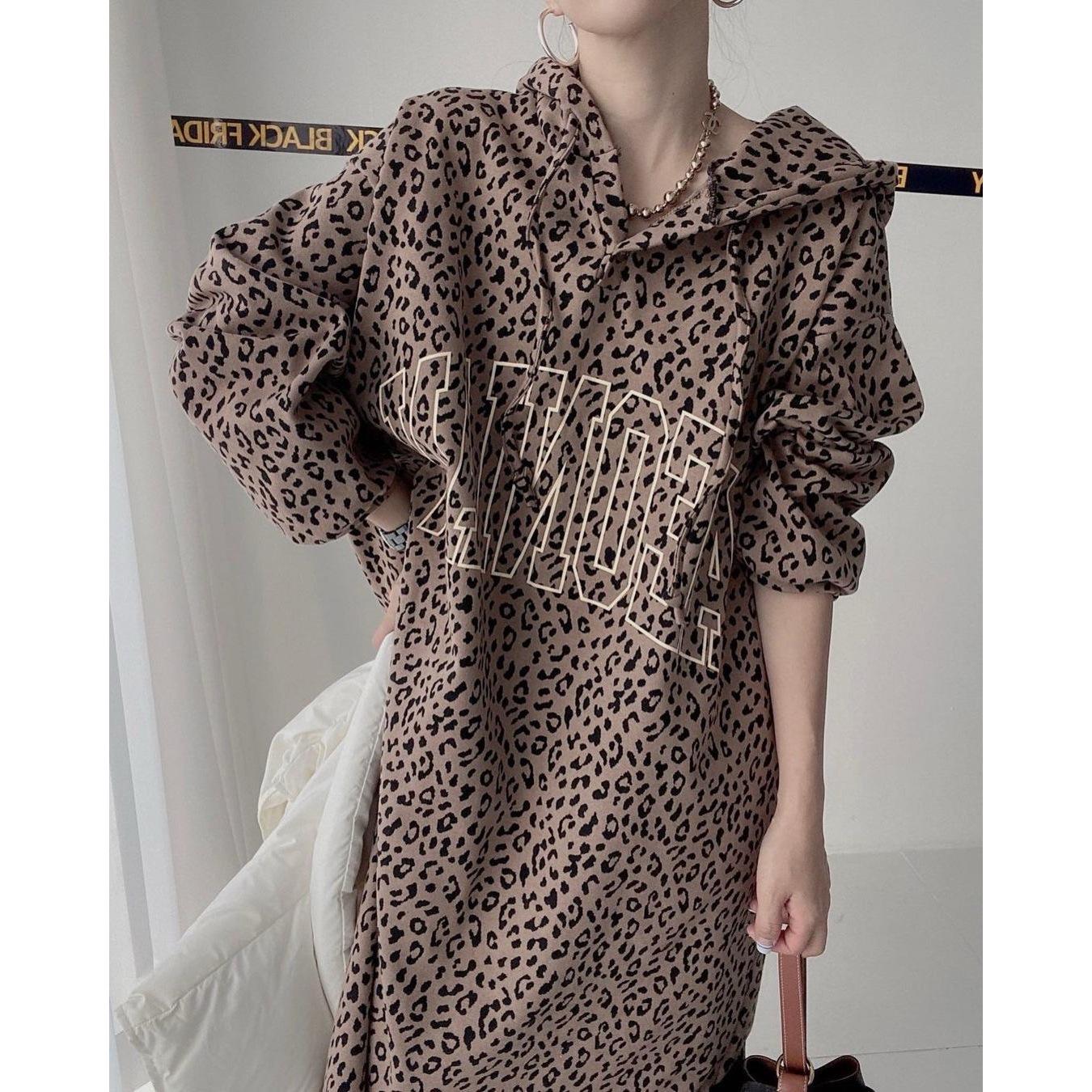 

Жіноча ретро толстовка-сукня з леопардовим принтом з капюшоном - Зимова вільна модель Color Block з довгою спідницею Coffee