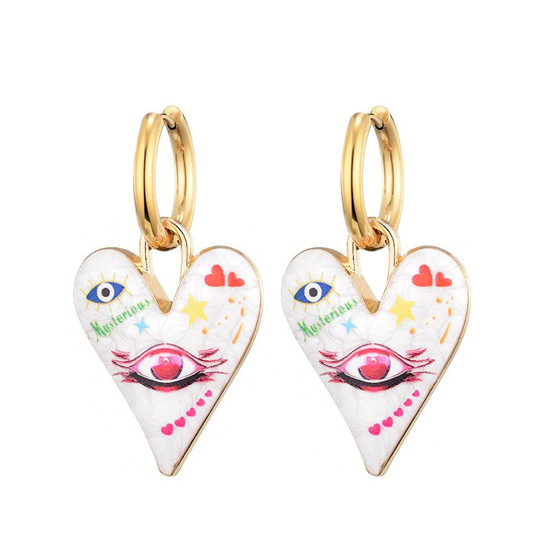 

New Trendy Cute Heart Eye Stainless Steel Hoop Earrings For Women Colorful Vintage Enamel Gold Color Pendant Love Female Jewelry