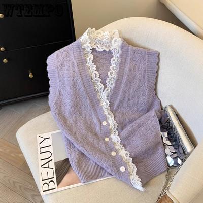 Frühlings- und Herbstoberbekleidung Pullover Tanktop V-Ausschnitt Spitzenkante Gestrickte Weste für Damen