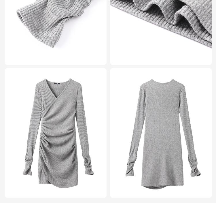 2026 Women's Gray V-Neck Slim Fit Short Skirt - Sexy Winter Inner Wear Dress