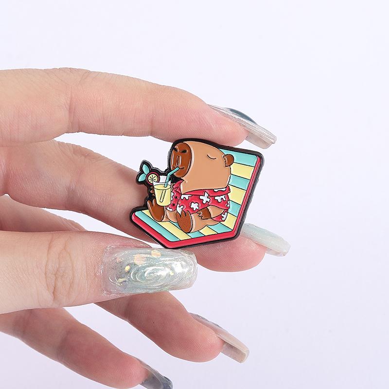 Capybara Vacation Enamel Pins Custom Seaside Beach Brooches Lapel Badges Clothes Animal Jewelry Gift for Kids Friends