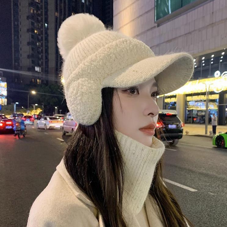 

Женская теплая вязаная кепка-утка с ушками - смесь хлопка и шерсти для осени/зимы Hat Only белый