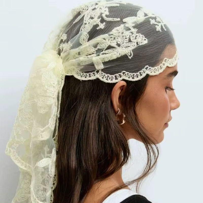 Eleganter Spitzenschal Aushöhlmuster Stickerei Foulard Bandana Einfarbig Dreieckstuch Dünne Vintage Taschentücher für Haare Frau