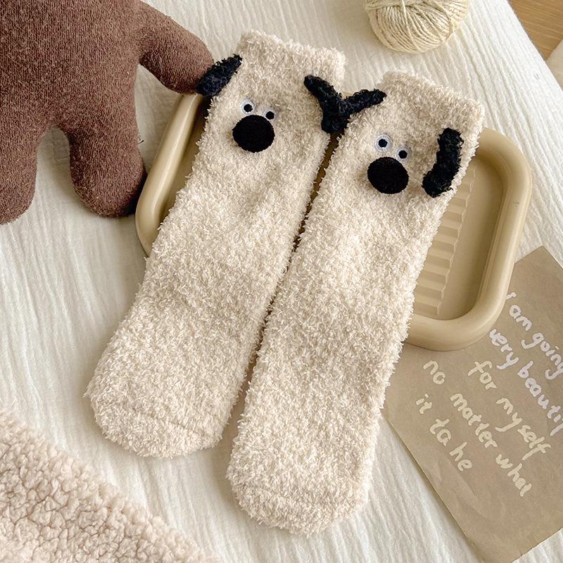 Women's Winter Coral Fleece Socks - Cute Cartoon Puppy, Thick, Warm, Mid-Calf Home & Sleep Socks