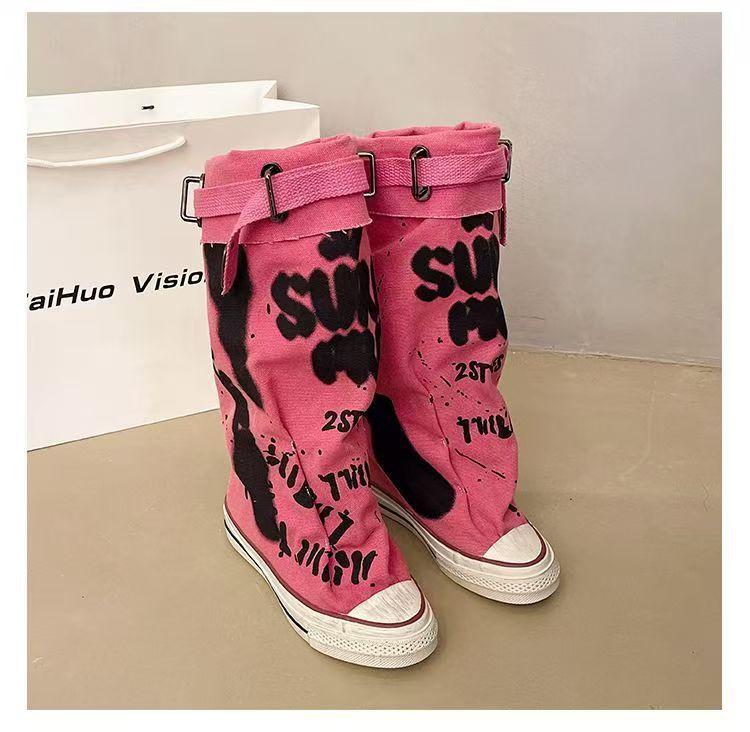 

Граффити старые парусиновые ботинки женские брюки ботинки с напуском на голенище на толстой подошве полусапожки 2025 новые весенние ботинки нишевые кеды 42 розовый