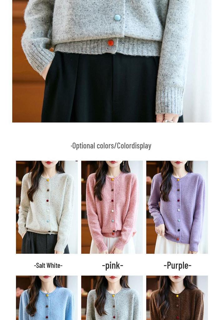 Women's 100% Wool Cardigan Sweater - Round Neck, Colorful Buttons, Loose Fit, Long Sleeve, Casual Autumn/Winter Fashion Outerwear
