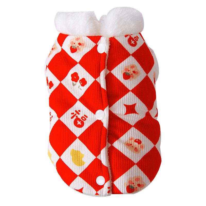 New Year's Cat Clothes Rhombus Printing Imitation Rabbit Fur Puppet Blue Cat Warm Two-legged Vest Festive New Year Pet Clothing