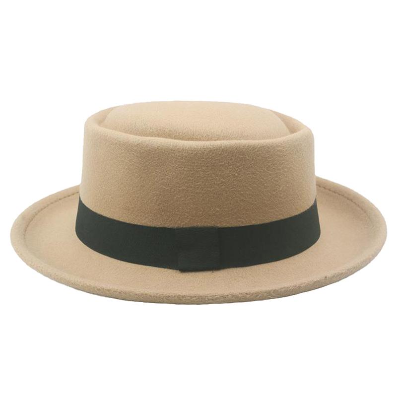 Flat Top Fedoras Jazz Hats For Women Men Solid Color Imitation Woolen Jazz Cap British Style Wide Brim Ladies Bowler Hats Fedora
