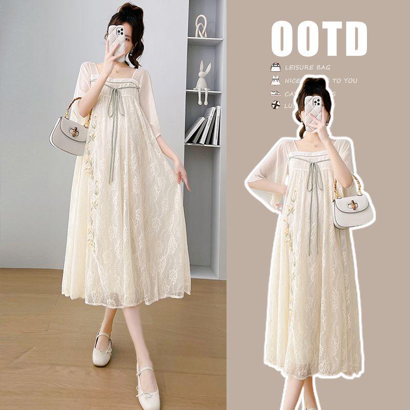 Maternity Chiffon Embroidered Qipao Dress - Summer Style, Plus Size, Loose Fit