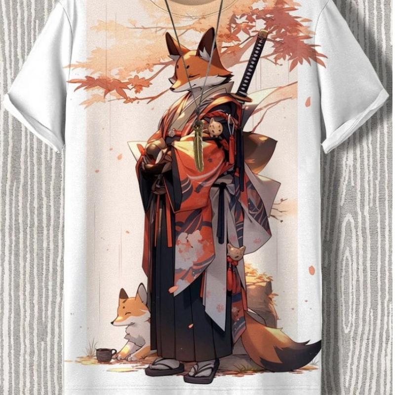 Maglietta da uomo in stile giapponese con grafica Samurai Cat, stampata in 3D, casual, a maniche corte, per esterni, abbigliamento da uomo oversize