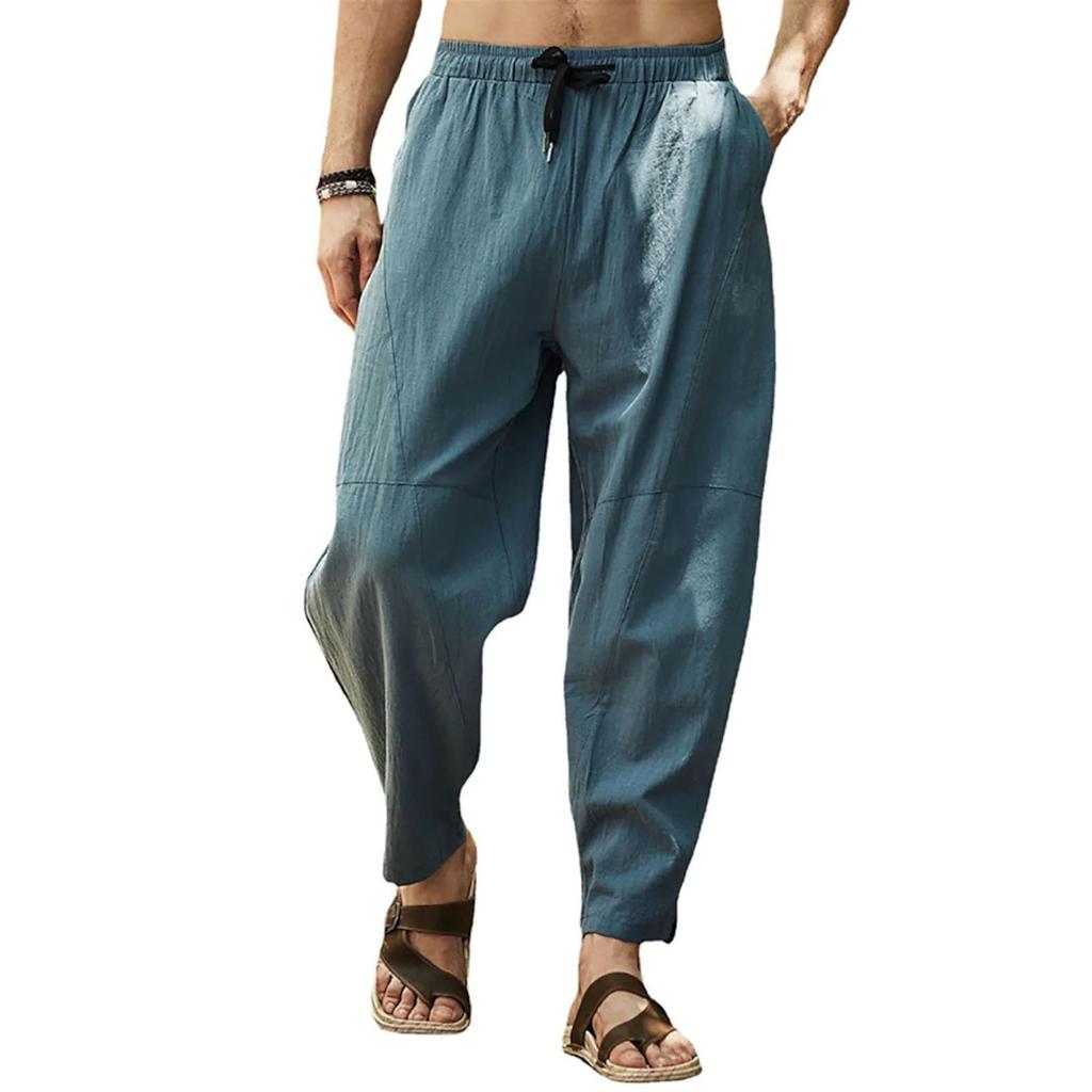 Pantaloni de In pentru Bărbați Primăvară și Toamnă Casual Culoare Solidă Mărimi Mari Largi cu Talie Elastică Respirabili cu Șnur