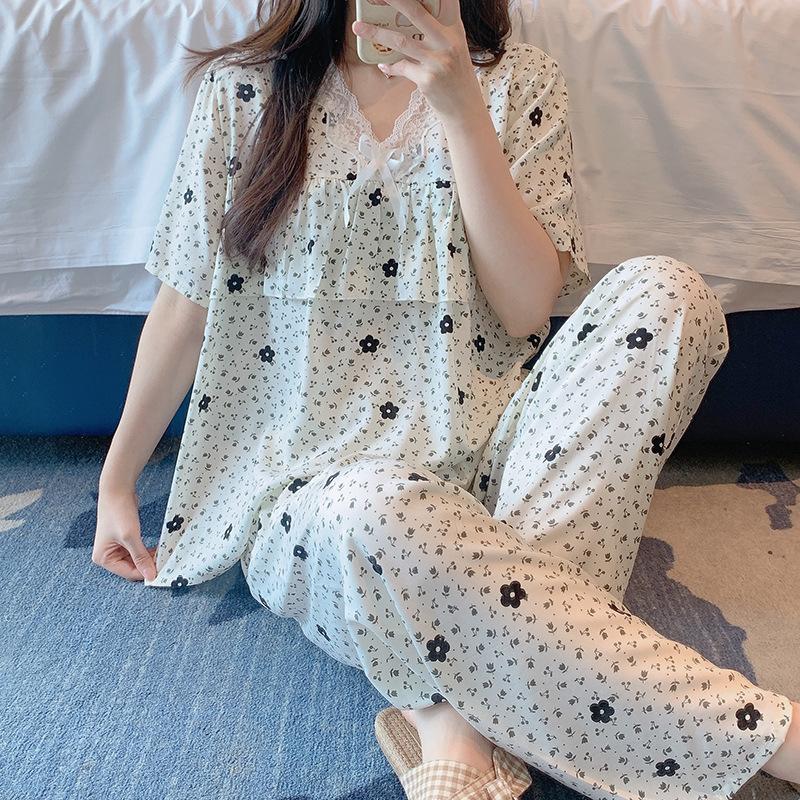 Short-sleeved Trousers Cotton and Silk Pajamas Women's Summer Thin Suit Japanese Sweet Anti-bumps Can Be Worn Outside Cotton Silk Loungewear