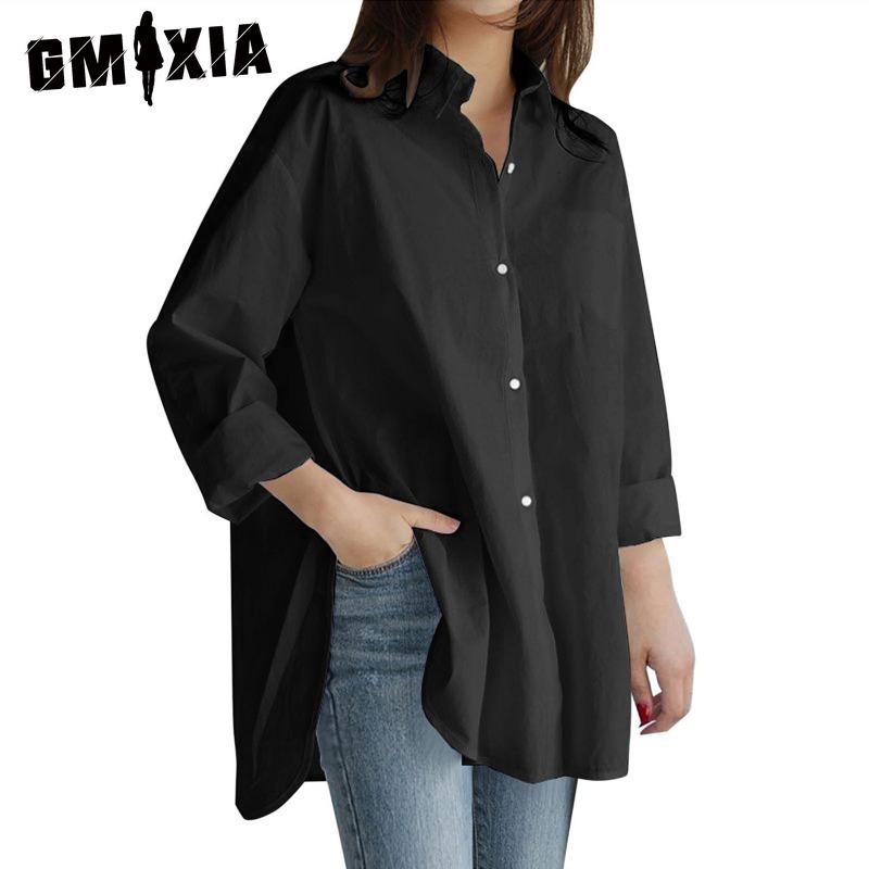 GMXIA Camicette e camicie con collo a polo, maniche lunghe, stampa casual, alla moda, in tinta unita