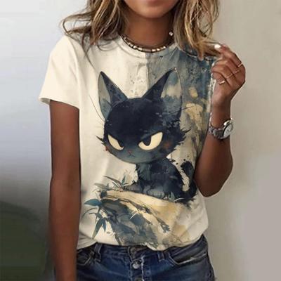 Niedliches Tier 3D-Druck T-Shirt für Damen Mode Cartoon Katzenmuster Damenbluse Lässig O-Ausschnitt Kurzarm T-Shirt Sommer Lockeres Oberteil