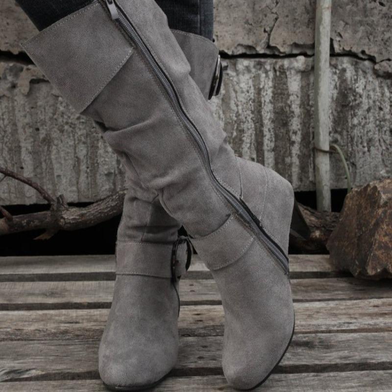 Women's Suede Mid-Calf Boots, Buckle Detail High Heel Ankle Boots, European Style Winter Booties for Women