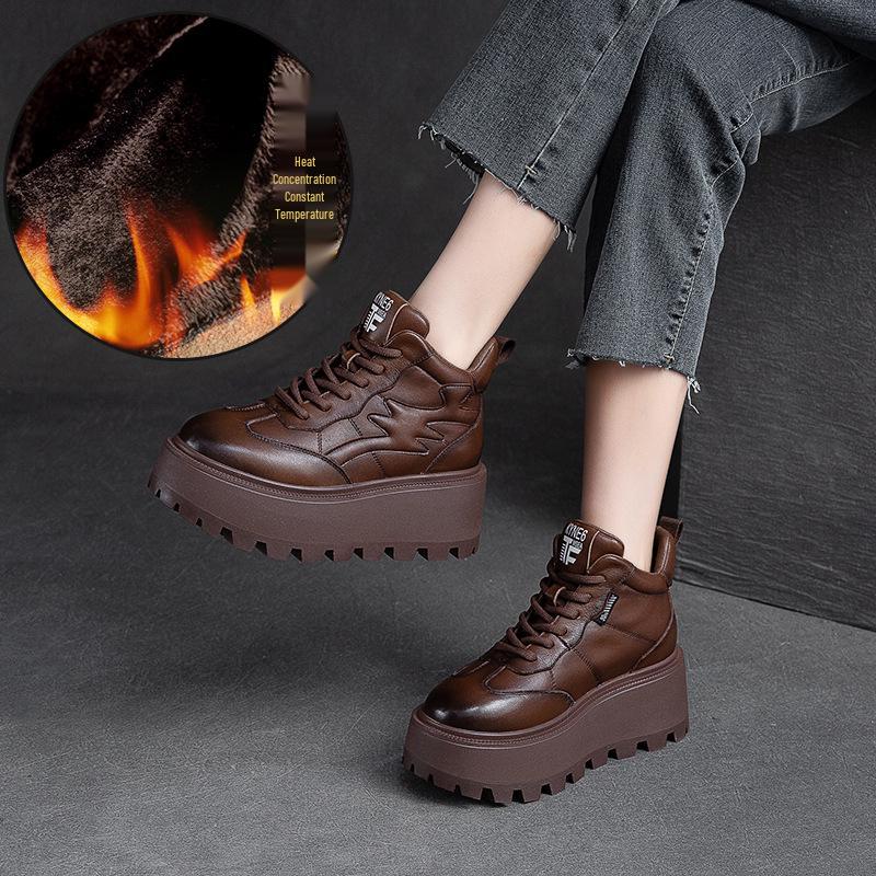 Damen Retro High-Top Schuhe mit Fleecefutter, dicker Sohle und Schnürung