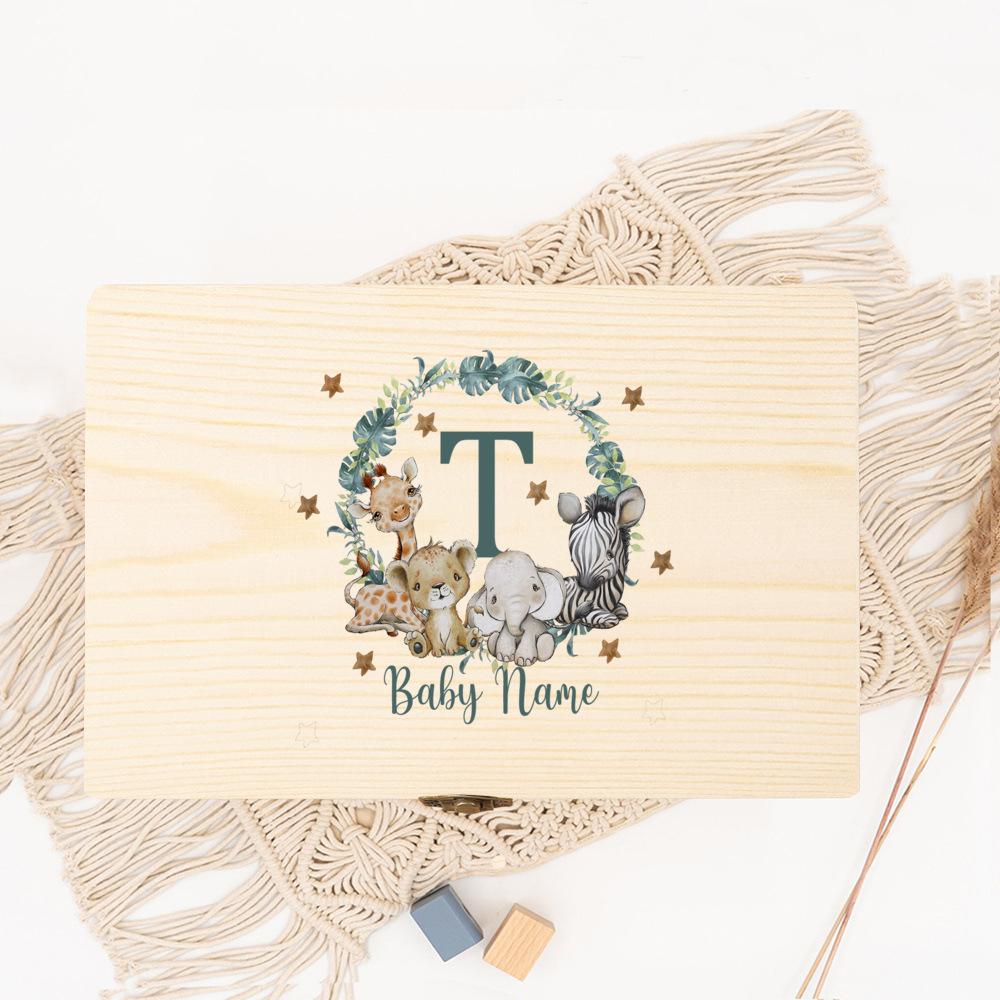 Baby Memory Box As A Gift for A Birth or Baptism Personalized Wooden Keepsake Boxes Newborn Animal with Name Birth Dates Case
