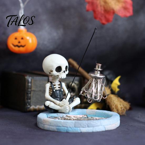 Funny Office Desk Decor Fishing Skeleton Magnetic Paperclip Holder, Skull Supplies Organizer Small Stationeries with Storage Tray, Resin Desktop