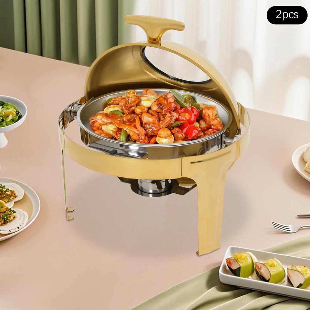 2/3 Items Stainless Steel Chafing Dish Buffet Set, Gold Round Chafer Countertop 47*47*45cm for Catering