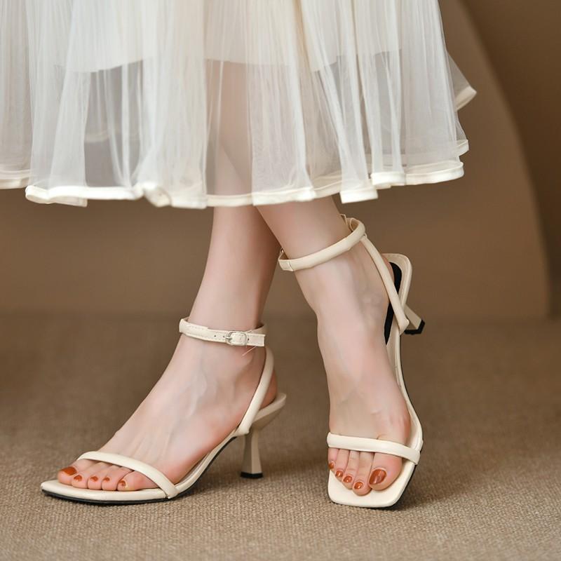 Sandals women's summer square head one-word strap stiletto high heels
