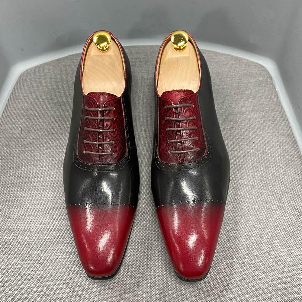 Luxury Brand Men Genuine Cow Leather Oxford Shoes Pointed Toe Red/Black Formal Dress Shoes Lace-Up Office Wedding Shoes for Men