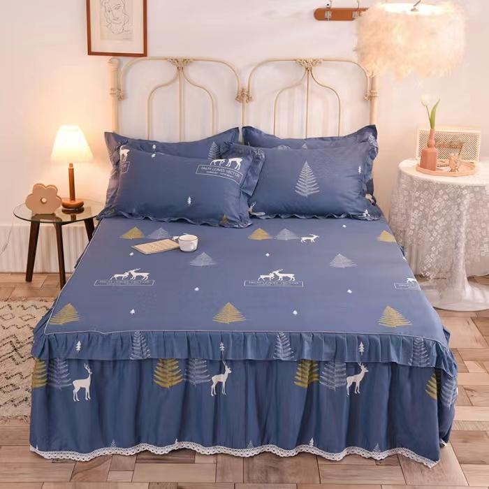 3pcs Sheet Set High Grade 100% Cotton Printed Bedspread King Queen Size Cute Pure Cotton Thick Bed Skirt with 2pcs Pillowcase
