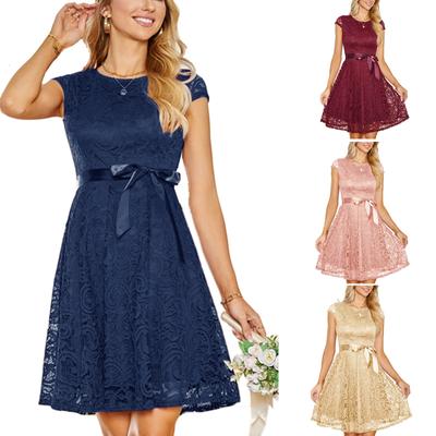 Damen-Spitzenkleid, Retro-Stil, mittellanges Kleid, Überärmel, Swing-Kleid, niedriger Rundhalsausschnitt, Partykleid, Heimkehrkleid