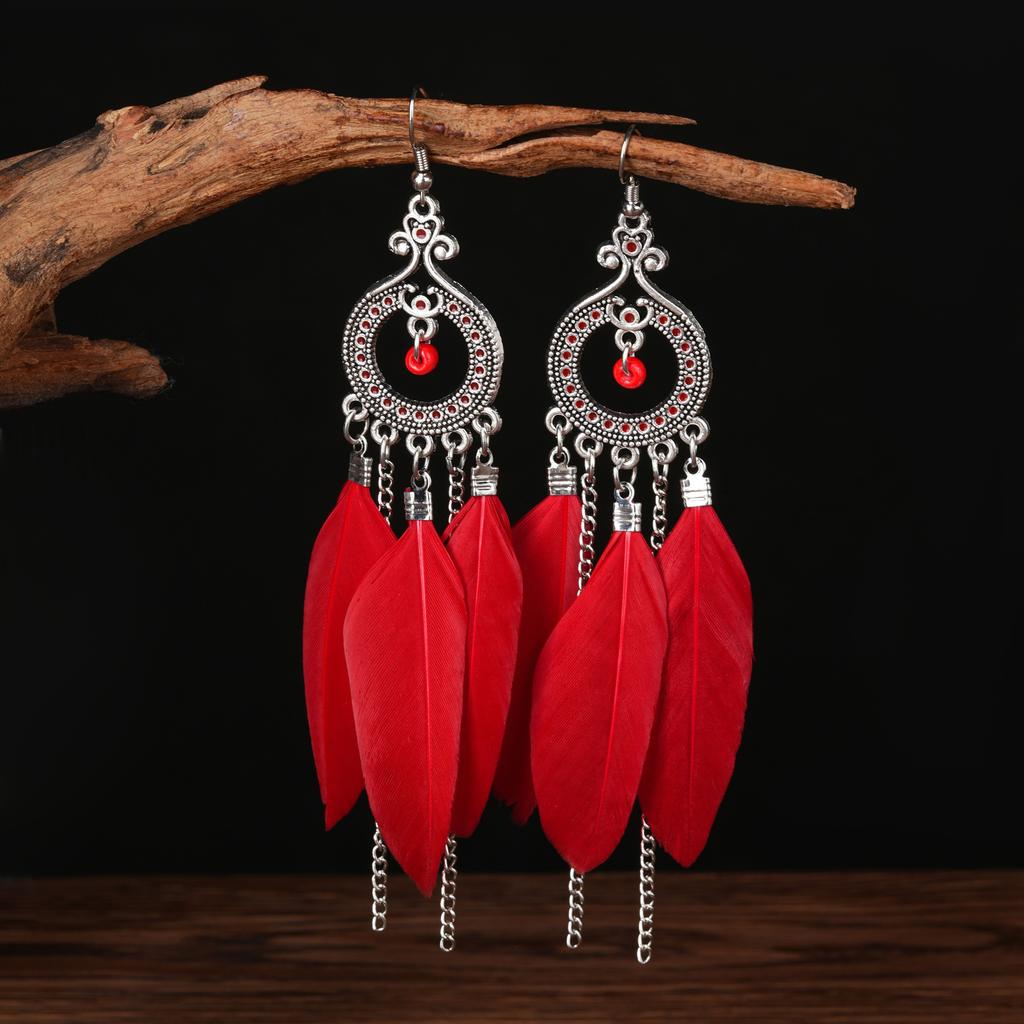 Ethnic Style Feathers Red Earrings Bohemian High-End Long Chain Fringed Earrings Jewelry Women