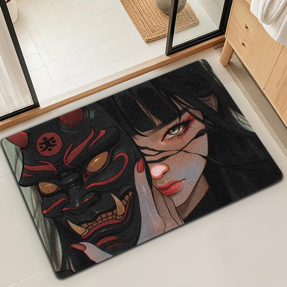 Japanese Samurai Oni Mask Girl Door Mat Bath Microfiber Decorative Versatile Flannel Floor Mat Quick Dry Absorbent Non-slip Sole