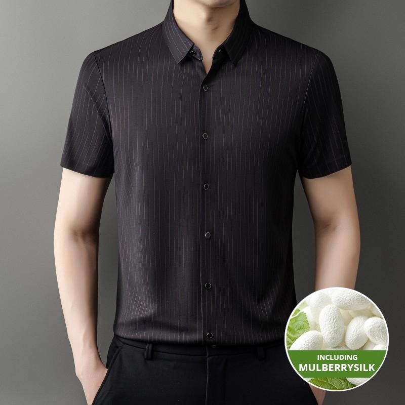 Top Grade Mulberry Silk Anti-wrinkle New Summer Striped Brand Slim Fit Shirt Short Sleeve Trendy Casual Fashion Men Clothes