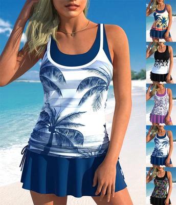 Women's Beachwear Coconut Seaside Printed Halter Women's Tankini Swimwear Two Piece Bikini Set Beachwear S-6XL