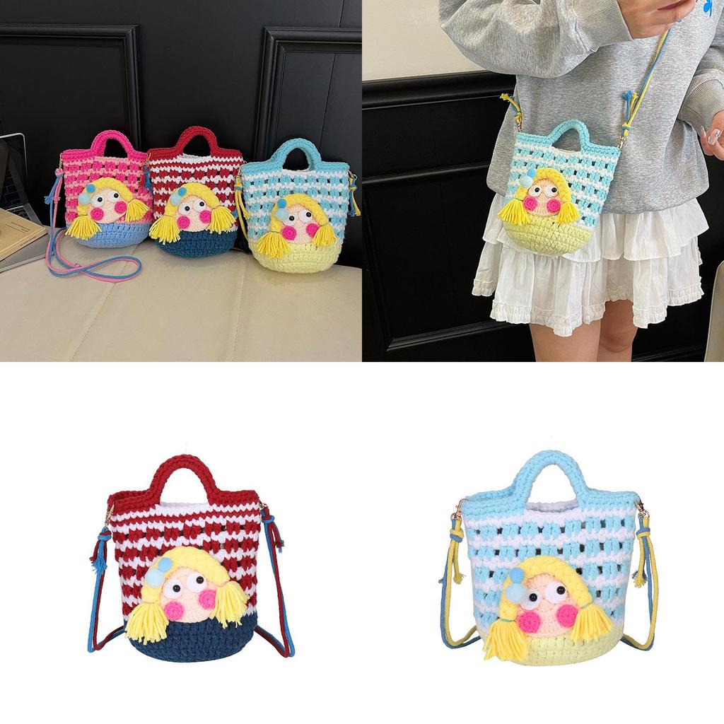 Cartoon Knitted Crossbody Bag With Shy Girl Design For Women Winter Fashion Trendy Casual Womens Accessory