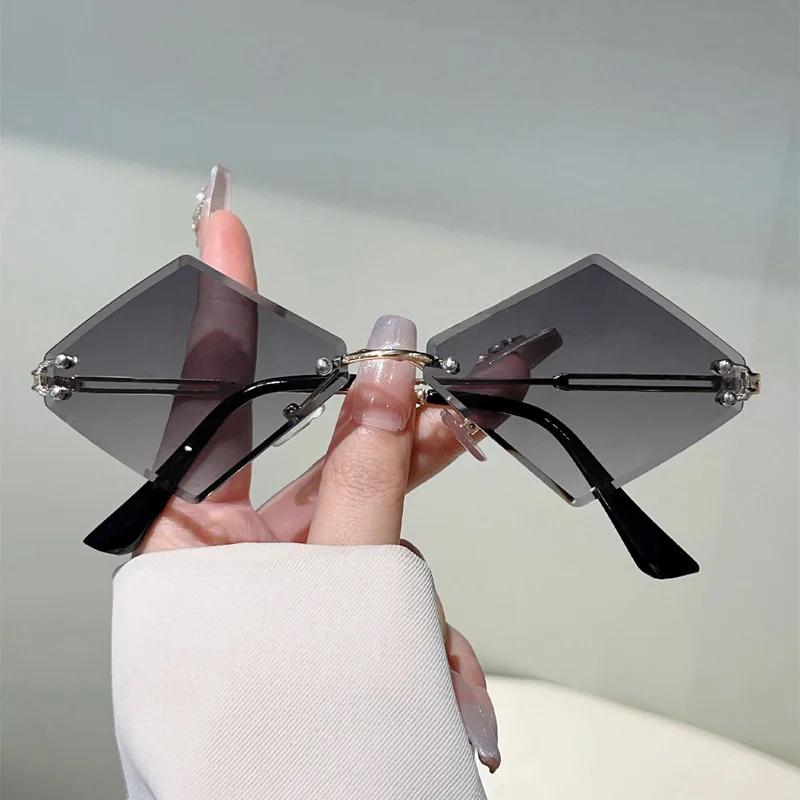 y2k Rimless Irregular Rhombus Sunglasses Women For Men Vintage Sun Glasses Luxury Brand Designer Punk Popular Hip Hop Pink Shade