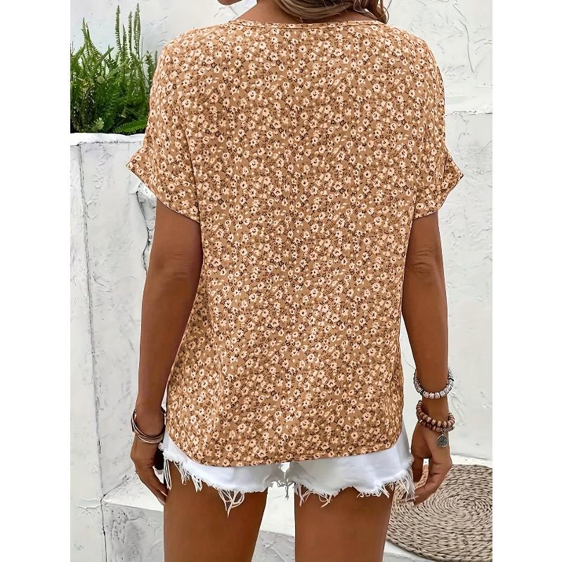 Summer Printed Women's T-shirt Elegant Floral Buttons Short Sleeve Loose Casual T-shirts Women Fashion Vintage Office Ladies Pullover Tee Tops New