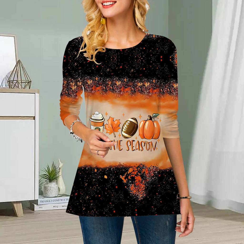 Übergröße Damen Blumen Kürbis Druck Rundhals Lässig Locker Langarm Oberteil