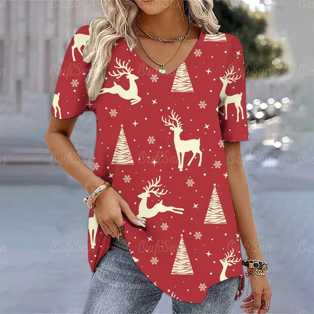Christmas Women's T-Shirt 3d Printed Short Sleeve Tees Christmas T Shirt For Women Fashion V-Neck Top Holiday Oversized Clothing